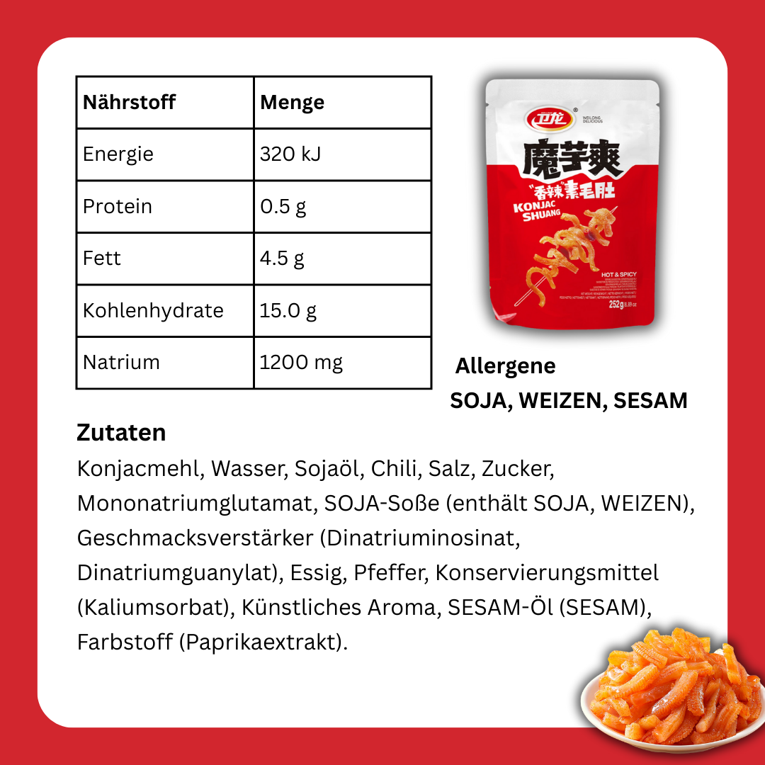 WeiLong Konjac Snack – Hot & Spicy Shuang | Würziger Konjak-Snack aus China | 252 g