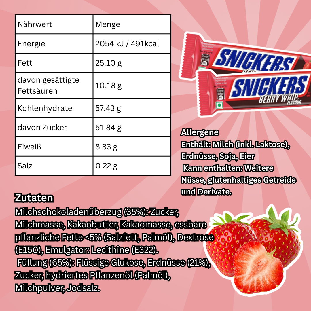 15× Snickers Chocolate Bars – Auswahl aus Almond / Peanut Brownie / Butterscotch / Berry Whip – 1 Box mit 15 Riegeln