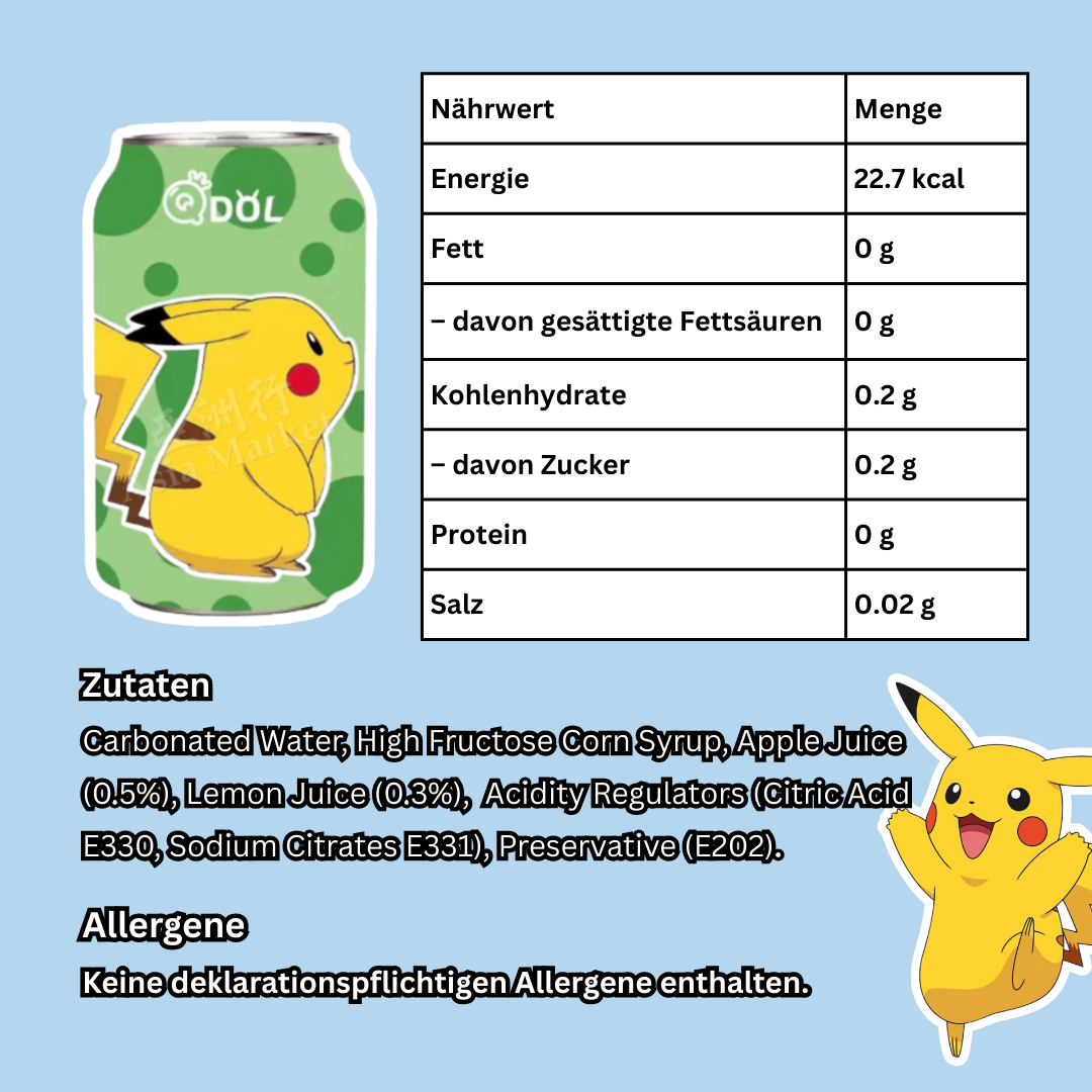 24x QDOL Pokémon Lime Sparkling Water – 330 ml | Erfrischendes Limetten-Erfrischungsgetränk