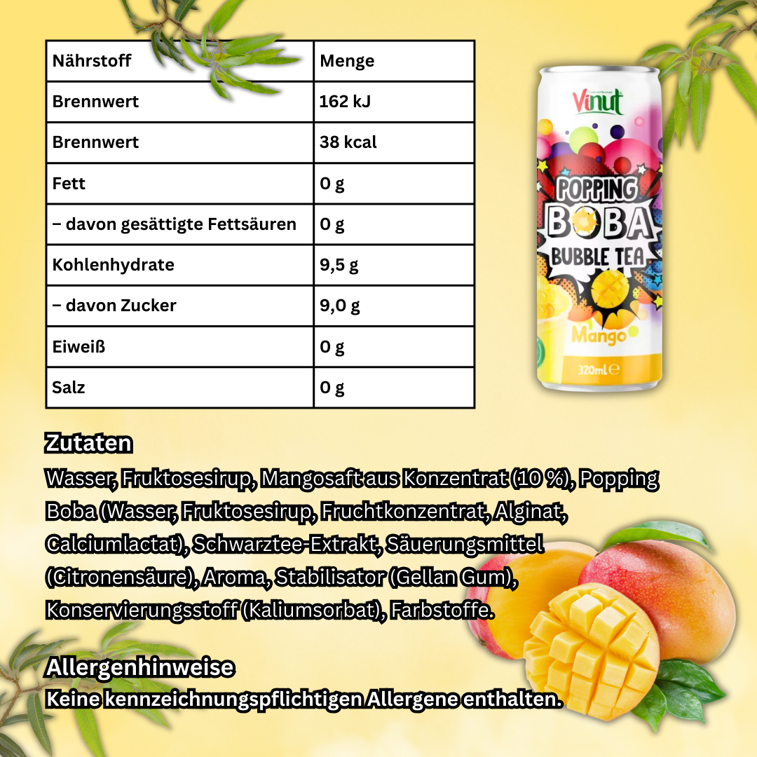 Popping Boba Bubble Tea Drink Mango – Erfrischender Tee mit Mango & Fruchtperlen, 320 ml