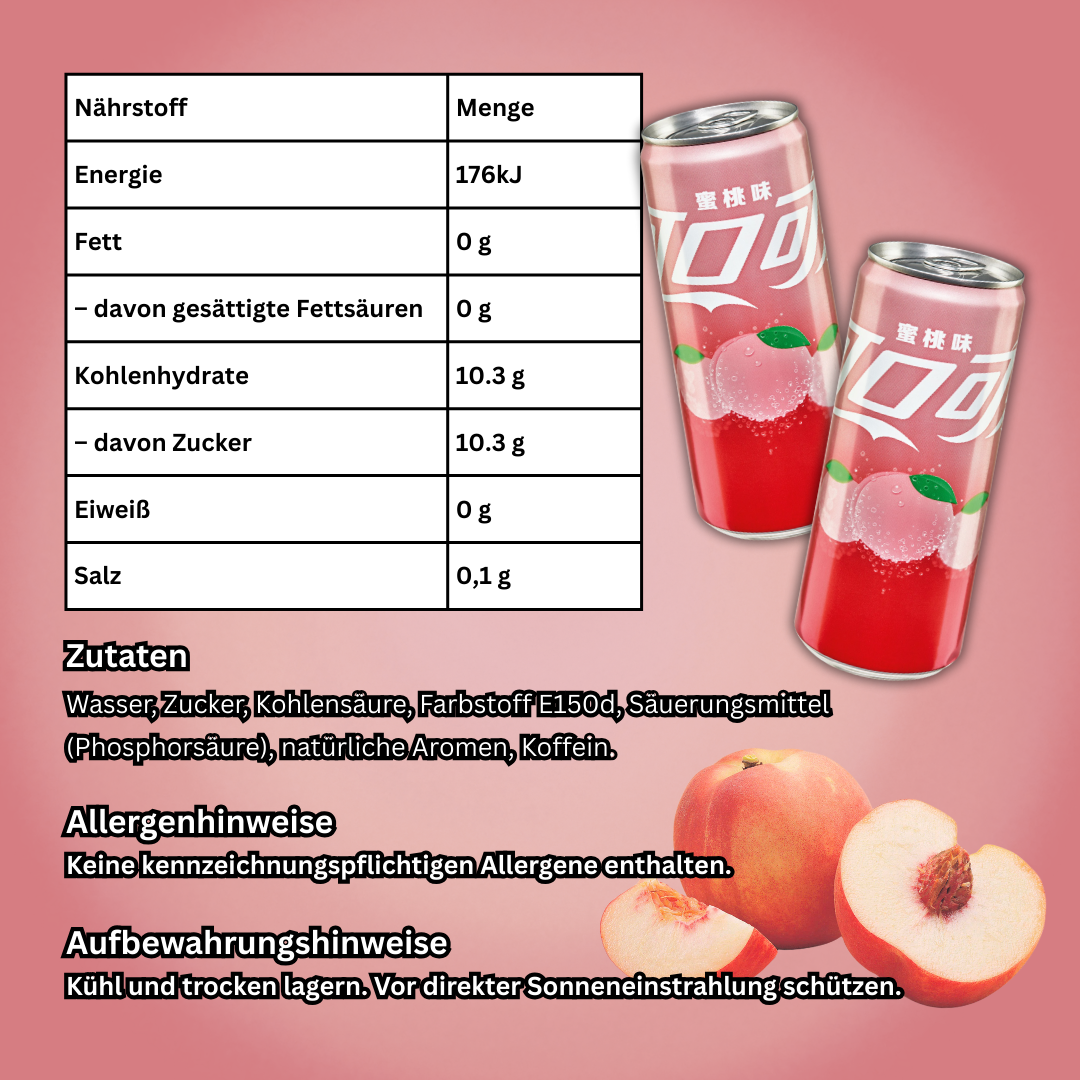 Coke Peach – Coca-Cola mit Pfirsichgeschmack, Erfrischungsgetränk mit Koffein, 33ml Dose