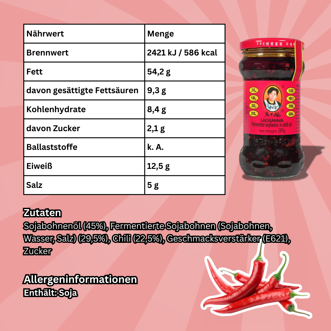 Lao Gan Ma Fermentierte Sojabohnen in Chiliöl – 280 g | Original chinesischer Chili-Sojabohnen-Mix