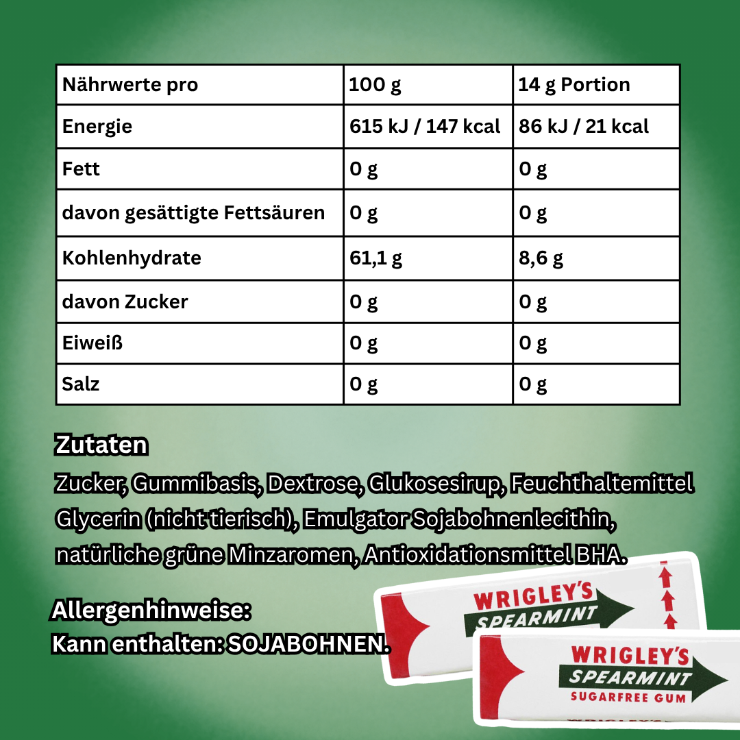 Wrigley's Spearmint Sugarfree Kaugummi 30 x 10 Dragees (30 x 14 g) – Zuckerfreier Minz-Kaugummi