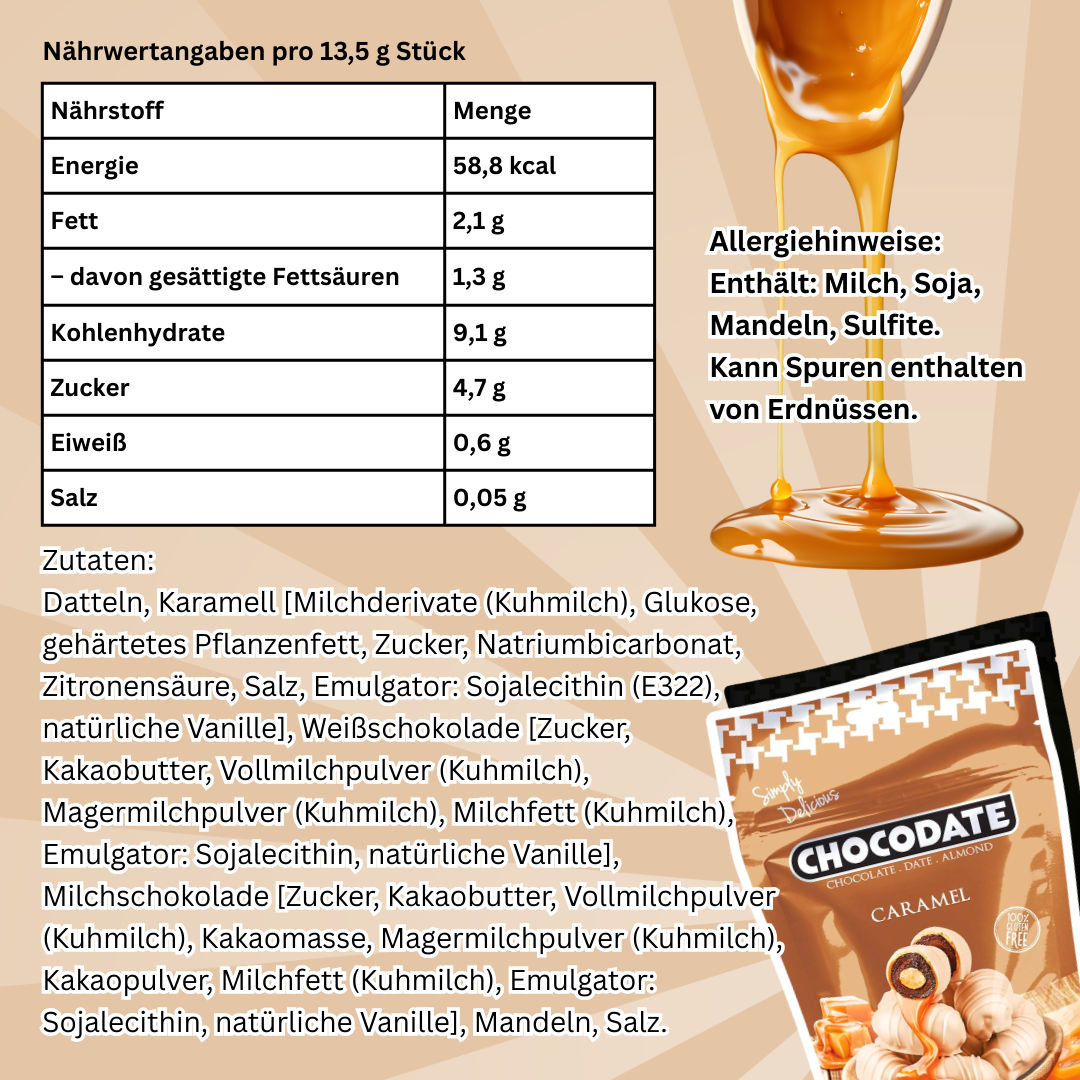 Chocodate Caramel Flavor – Datteln mit Caramel, Milch- & Weißschokolade & Mandeln (90 g)