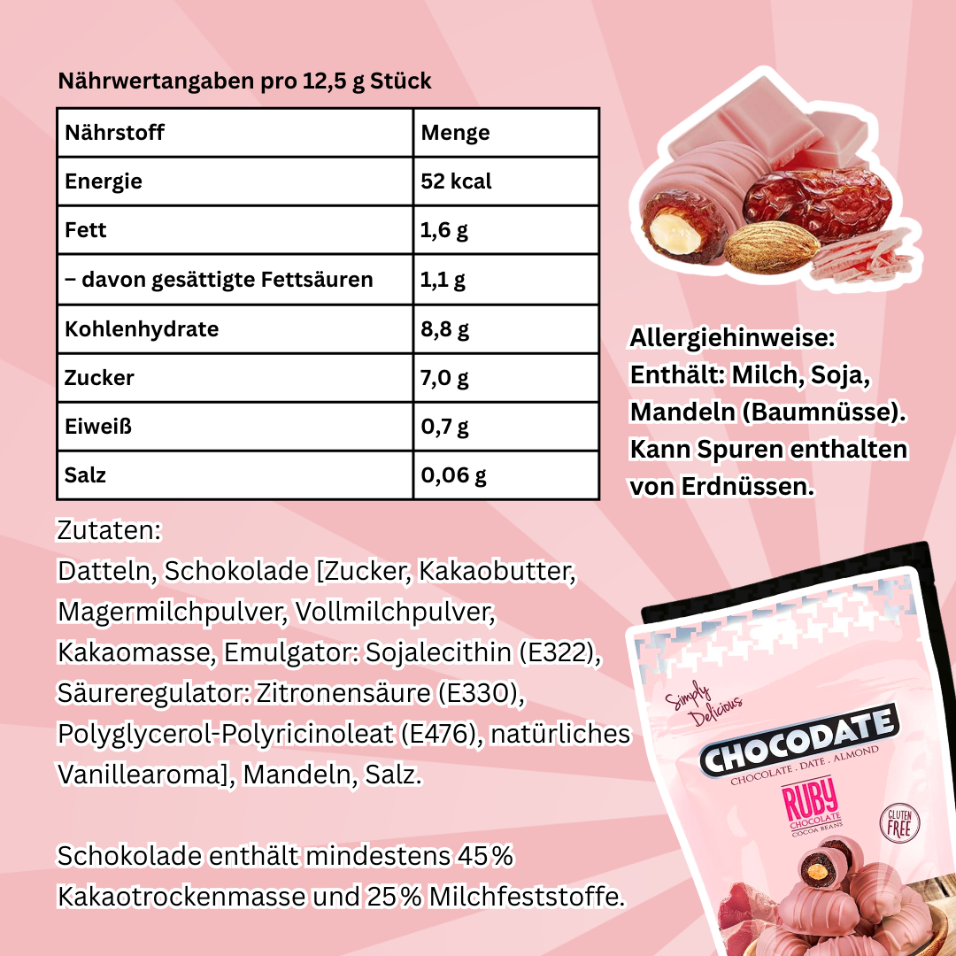 Chocodate Ruby – Datteln mit Ruby-Schokolade & Mandeln (90 g)