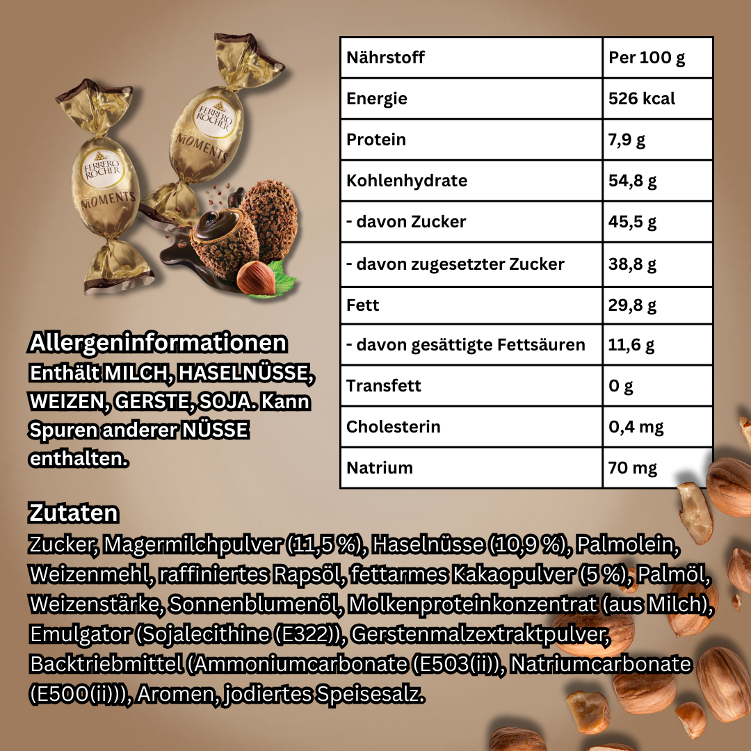 Ferrero Rocher Moments Chocolate – Feinste Milchschokoladen-Pralinen mit Haselnussfüllung, knusprige Waffelstückchen, 92,8 g