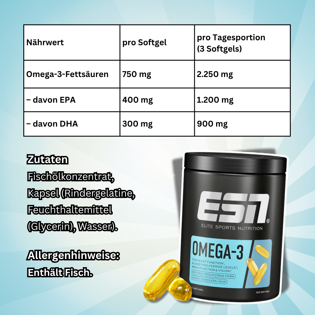 ESN Omega-3 Softgels 300 Kapseln – Hochdosiertes Fischöl mit EPA & DHA