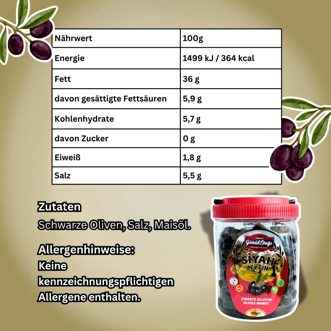 Gönül Dağı Schwarze Oliven 700 g – Eingelegte schwarze Oliven in Salzlake mit Maisöl