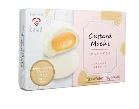 Custard Mochi White Peach 168 g – Gefüllte japanische Reiskuchen mit weißem Pfirsichgeschmack (MHD 2024)