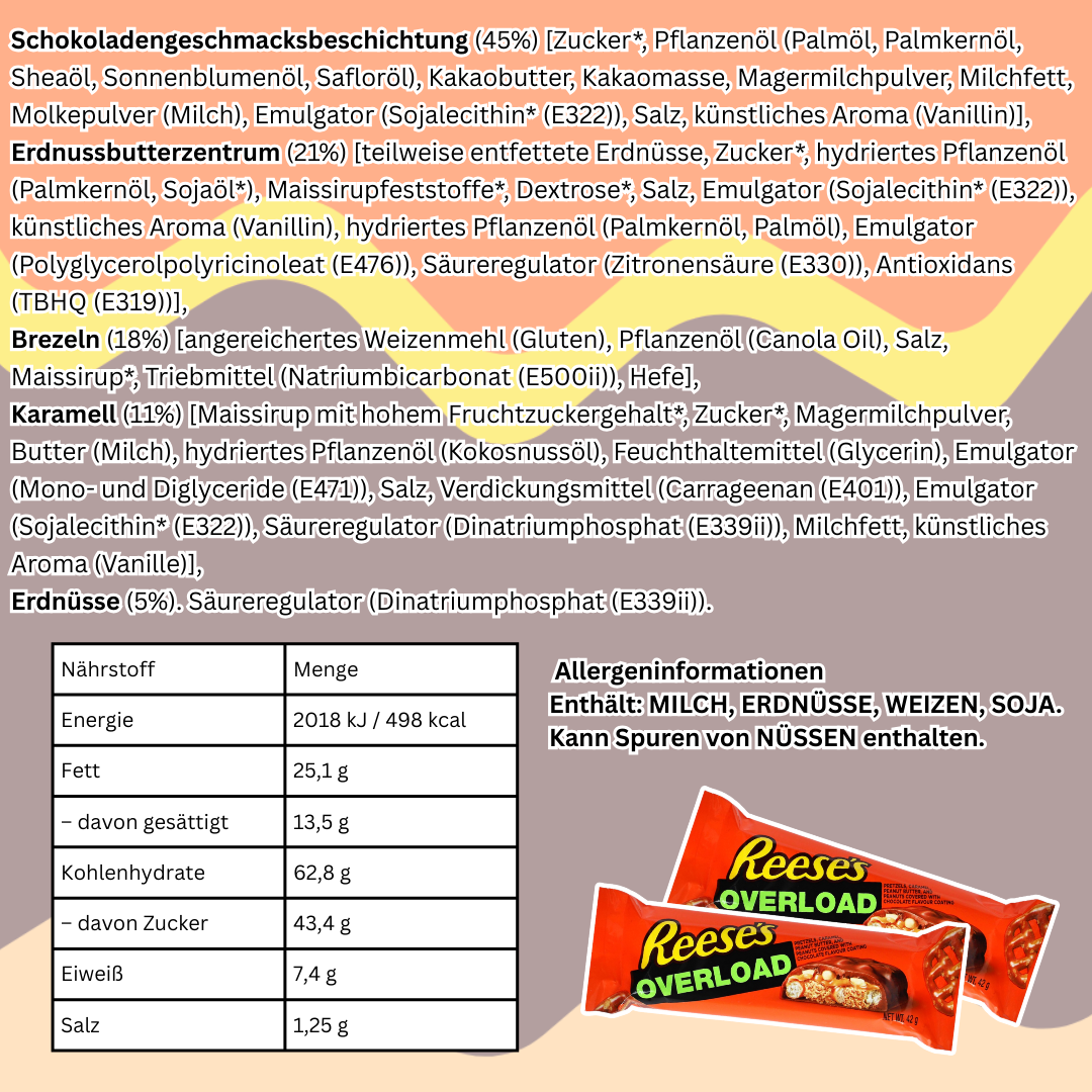 1x Reese’s Overload Riegel – Erdnussbutter, Brezeln & Karamell, 42 g