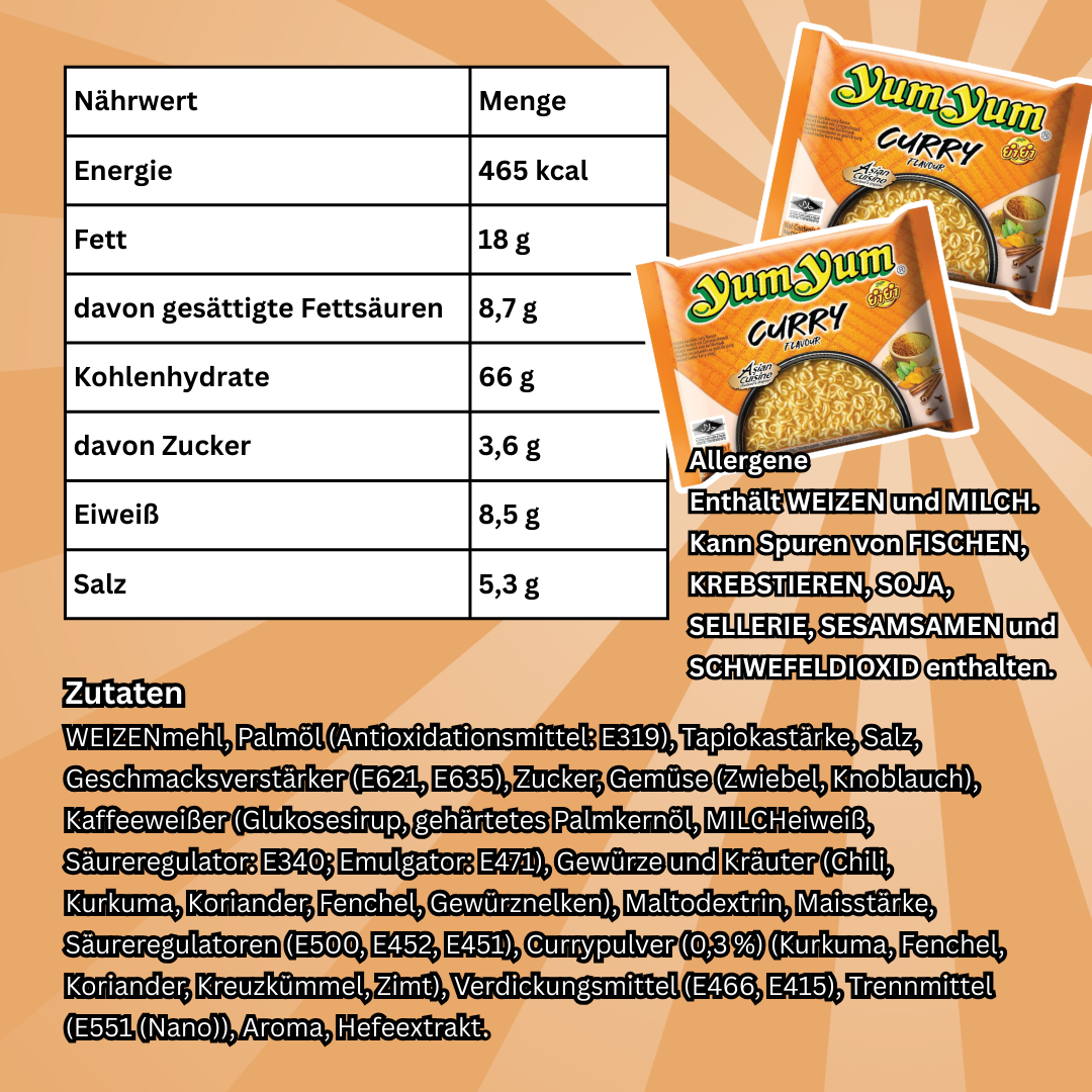 30x Yum Yum Instant Nudeln Curry Geschmack – Würzige Asia-Nudelsuppe, Schnelle Zubereitung, 30x60 g