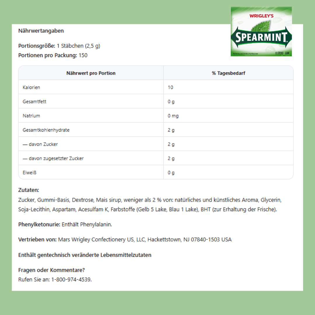 1x Wrigley’s Spearmint Chewing Gum – 15 Sticks – 1 Packung