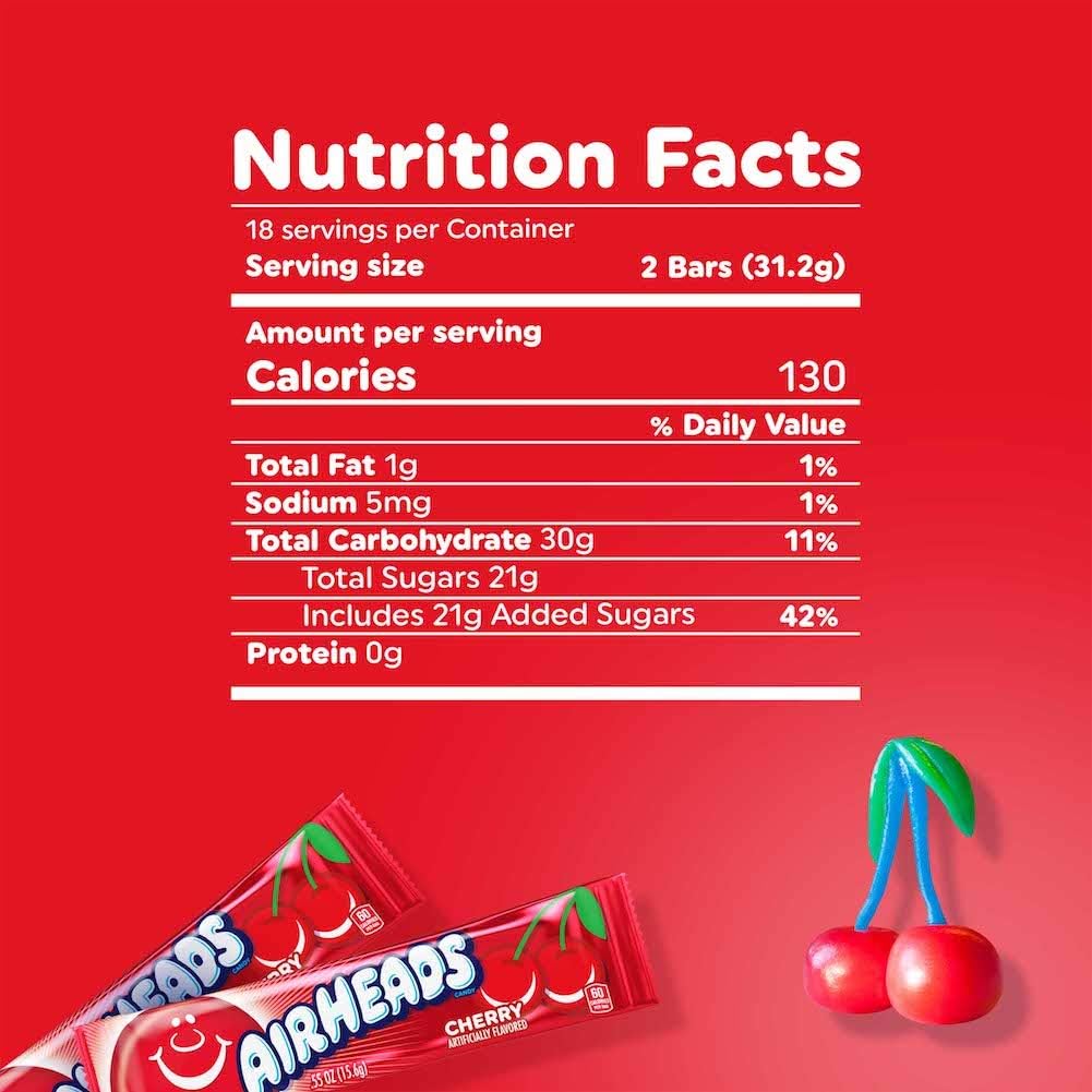 Airheads Cherry – 1x 15,6 g | Intensiver Kirschgeschmack | Weiches Kaubonbon aus den USA