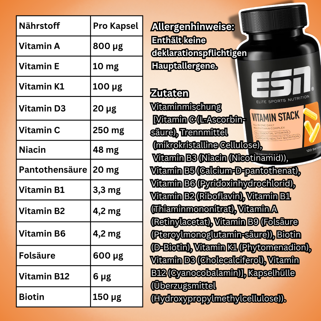 ESN Vitamin Stack 120 Kapseln – Multivitamin-Komplex mit 13 Vitaminen