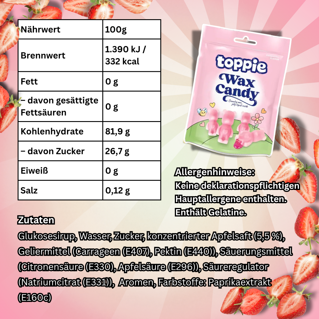 1x Toppie Wax Candy 40 g – Flüssige Süßigkeit in Wachshülle (Blueberry, Strawberry oder Green Apple) – Zufällige Sorte