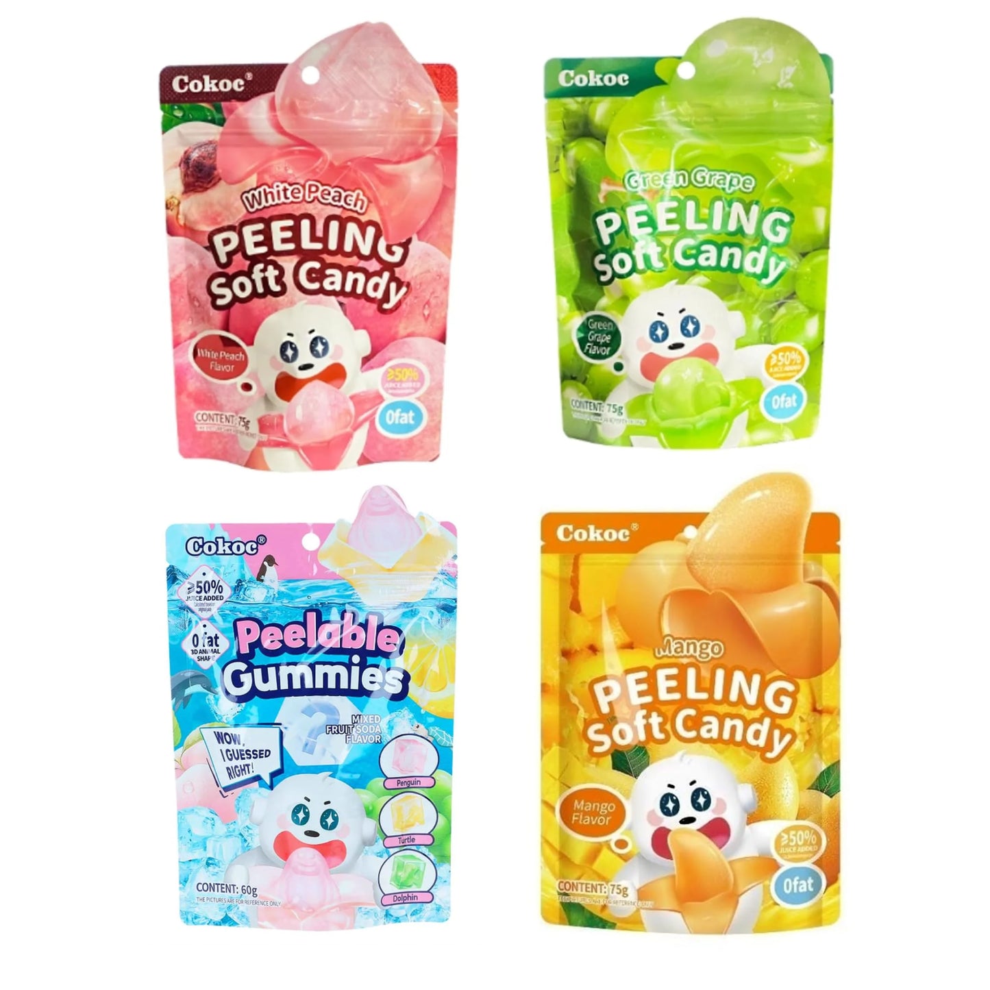 Cokoc Peeling Soft Candy – 2er Pack | Schälbares Fruchtgummi aus China | Zufällige Auswahl aus Mango, White Peach, Green Grape & Mixed Fruit Soda | Trend-Snack | 0 % Fett