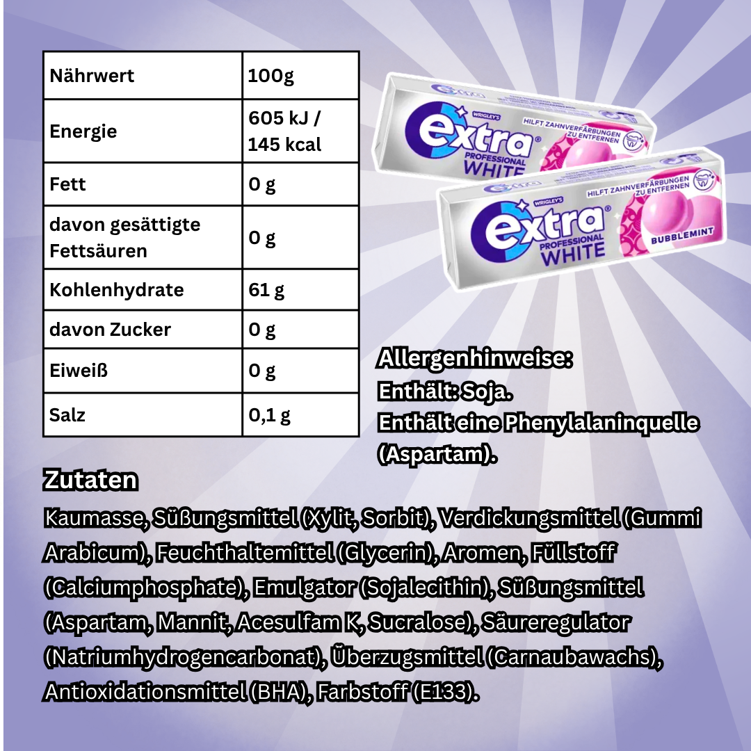 Wrigley's Extra Professional White Bubblemint Kaugummi 30 x 10 Dragees – Zuckerfreier Kaugummi mit Bubblemint-Geschmack
