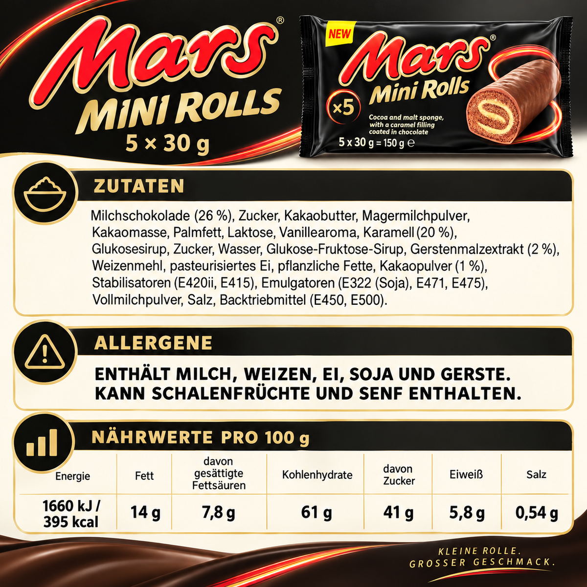 Mars Mini Rolls – Kakao-Biskuitrollen mit Karamell und Milchschokolade, 5 × 30 g