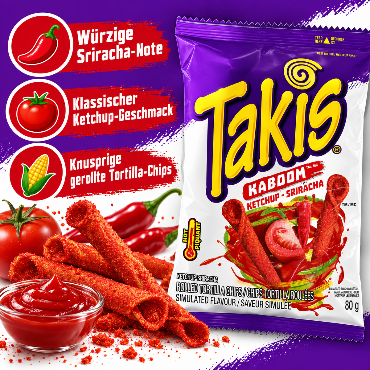 Takis Kaboom Ketchup-Sriracha – gerollte Tortilla-Chips, 80 g