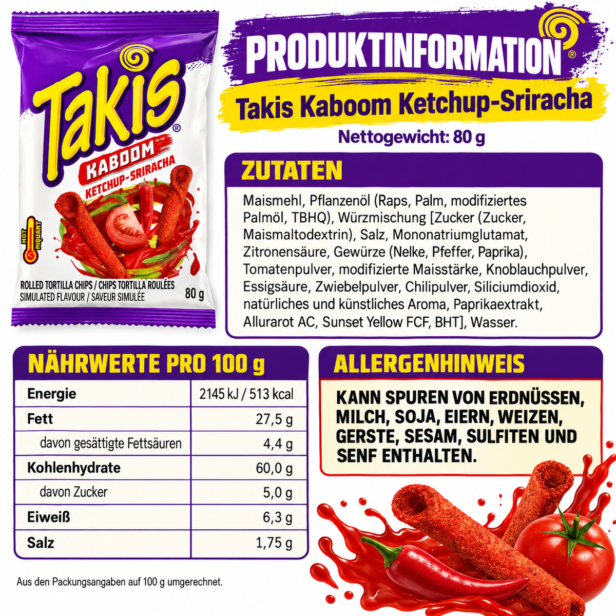 Takis Kaboom Ketchup-Sriracha – gerollte Tortilla-Chips, 80 g