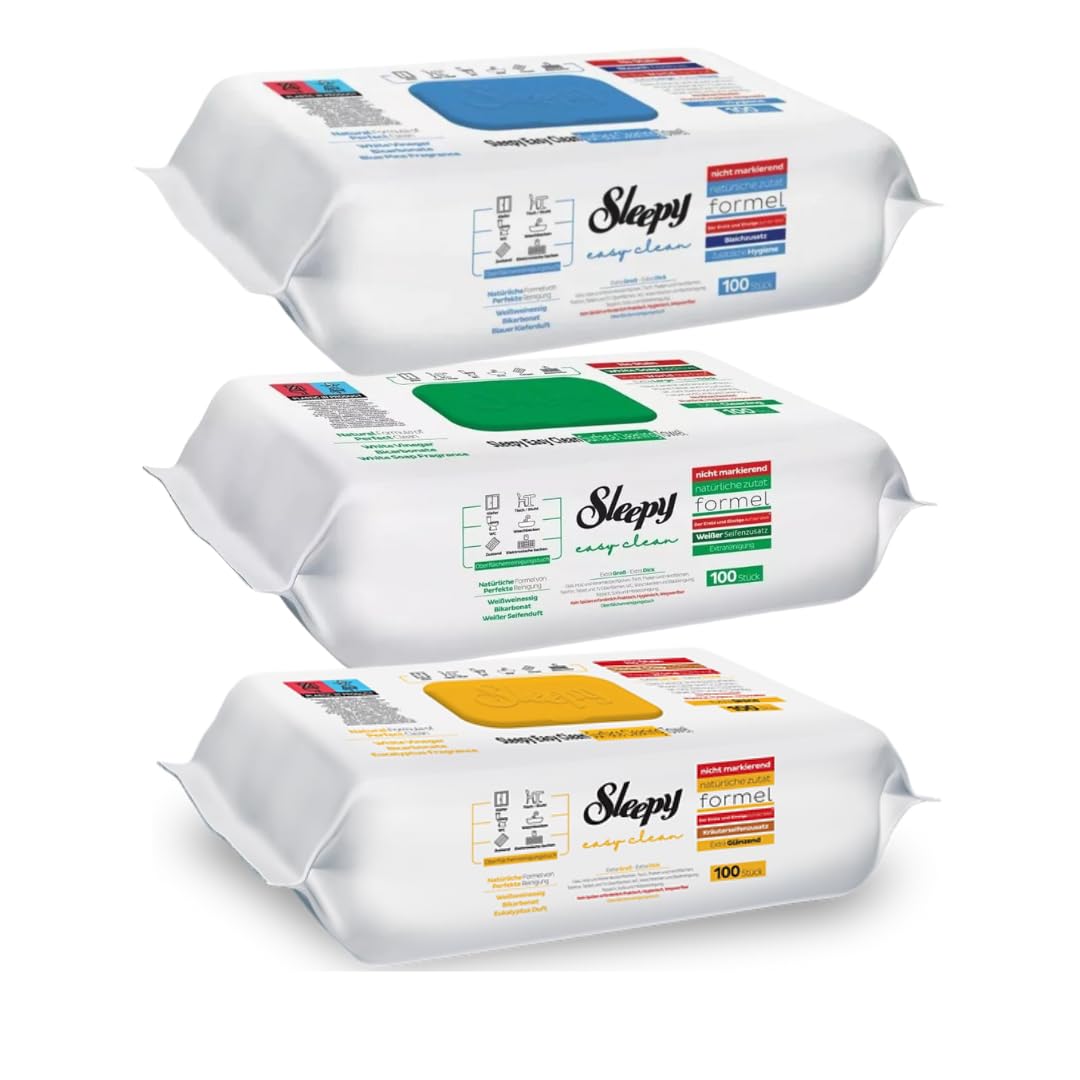 300x Sleepy Reinigungstücher mit Bleichzusatz - Extra Stark gegen Flecken - Grün, Blau und Gelb Oberflächenreinigungs-Set - perfekt für Boden, Küche, Badezimmer und schnellen Glanz auf glatten Flächen