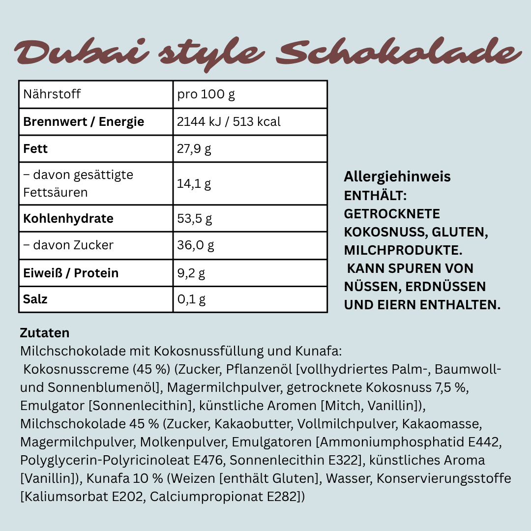 Dubai Style Schokolade 100 g – Cococut  (MHD 11/2025)