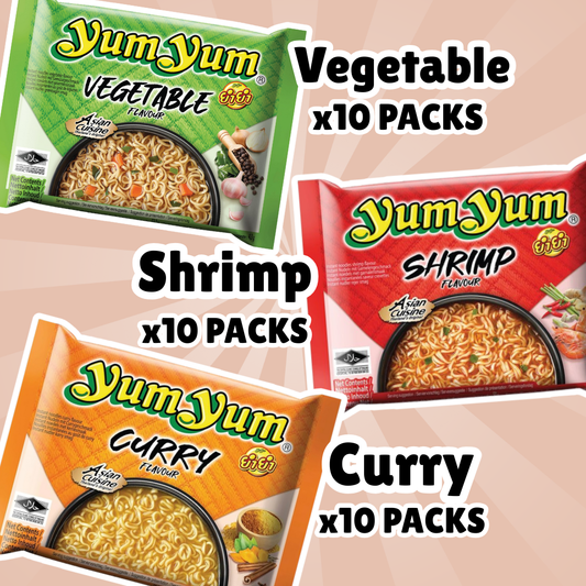 Yum Yum Instant Noodles Mix – 10× Vegetable, 10× Shrimp, 10× Curry
