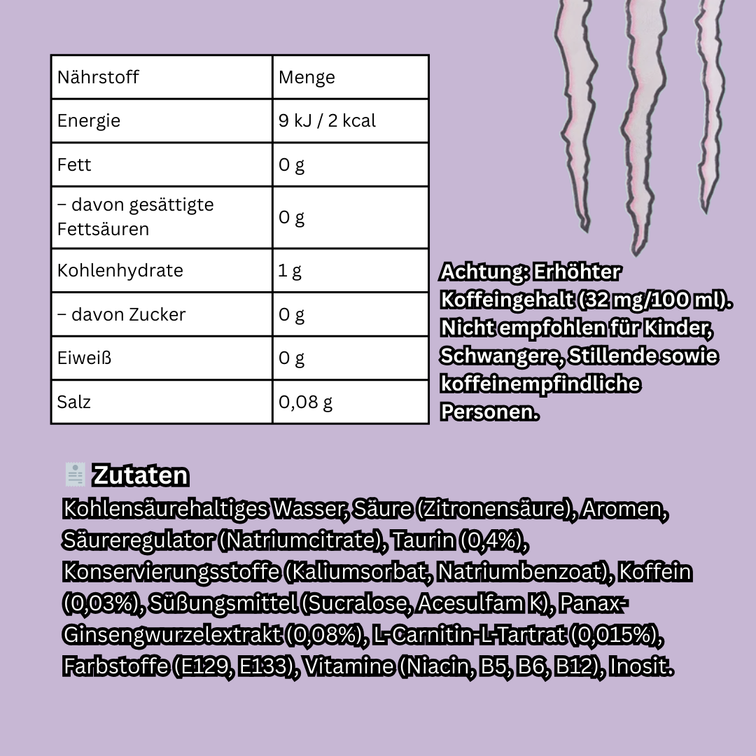 Monster Energy Ultra Violet Zero Sugar – Koffeinhaltiges Erfrischungsgetränk | 500 ml