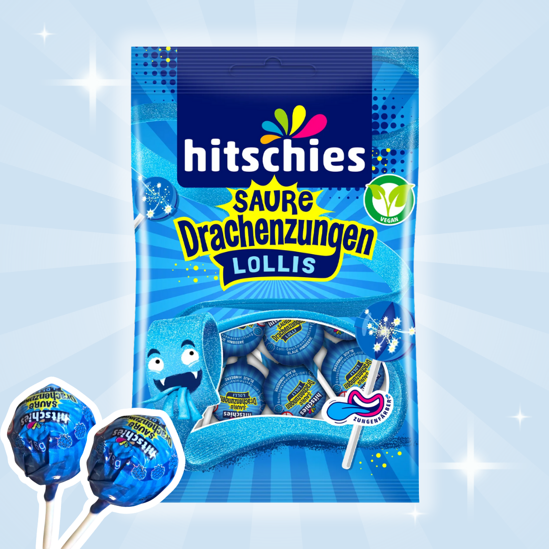 Hitschies Saure Drachenzungen Lollis 128g – Saure Fruchtlutscher, 1x 128g
