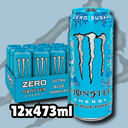 12x Monster Energy Ultra Blue – Hawaiian Flavor Zero Sugar Energy Drink mit Koffein & Taurin, 12x 473 ml Dose