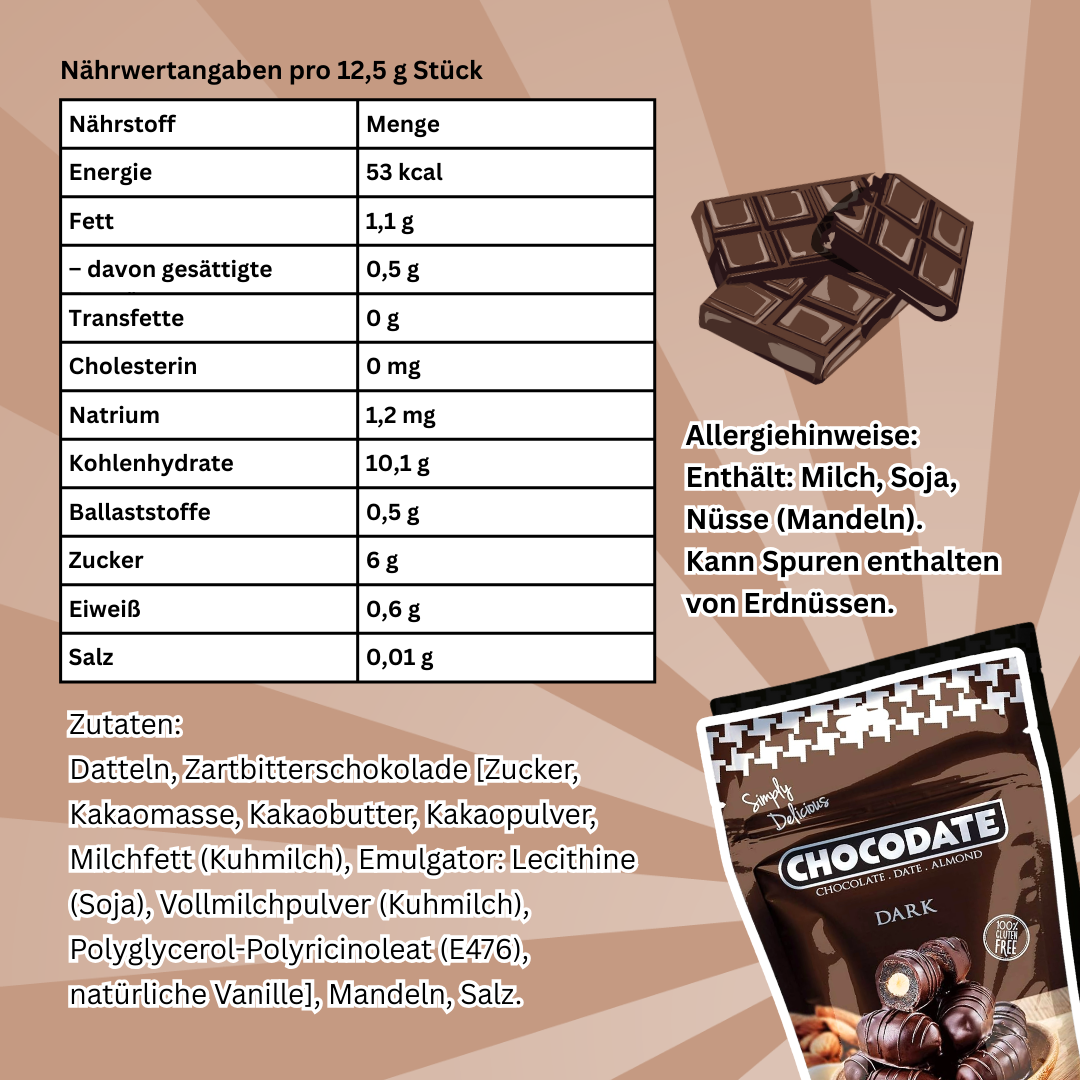 Chocodate Dark Chocolate – Datteln mit Zartbitterschokolade & Mandeln (90 g)