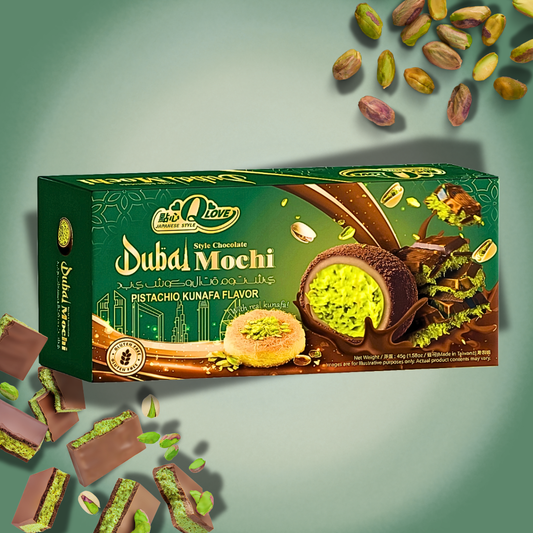 QLOVE Dubai Style Chocolates & Pistachio Kunafa Deluxe Mochi 45 g – Gefüllter Mochi mit Pistazie und Kunafa-Geschokolade