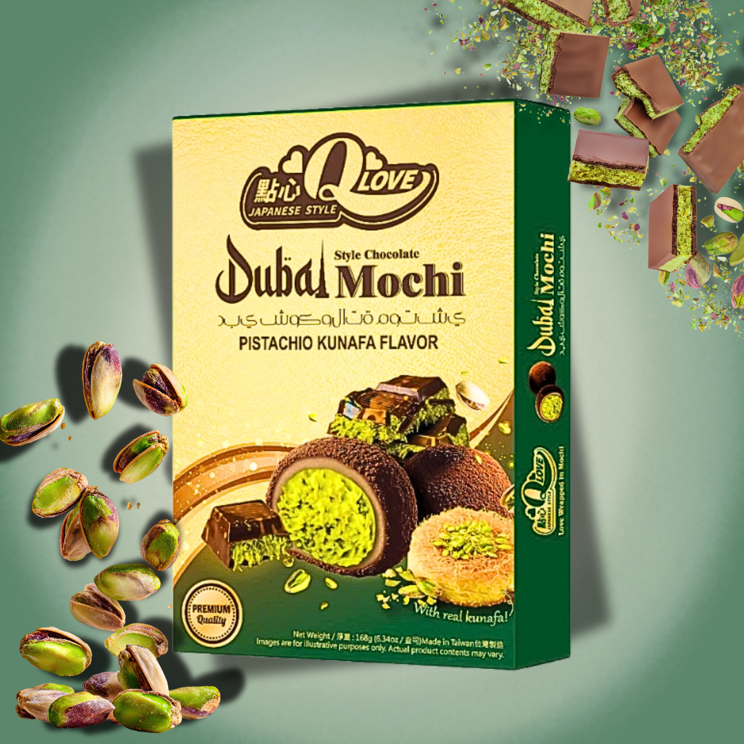 QLove Dubai Chocolate & Pistachio Kunafa Deluxe Mochi 168 g – Premium Mochi mit Pistazienfüllung und Kunafa-Schokoladengeschmack