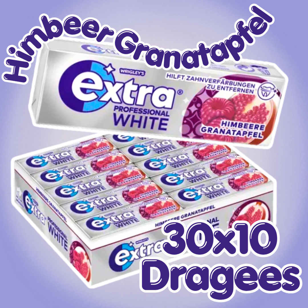 Wrigley's Extra Professional White Himbeer Granatapfel Kaugummi 30 x 10 Dragees – Zuckerfreier Kaugummi mit Himbeer-Granatapfel-Geschmack