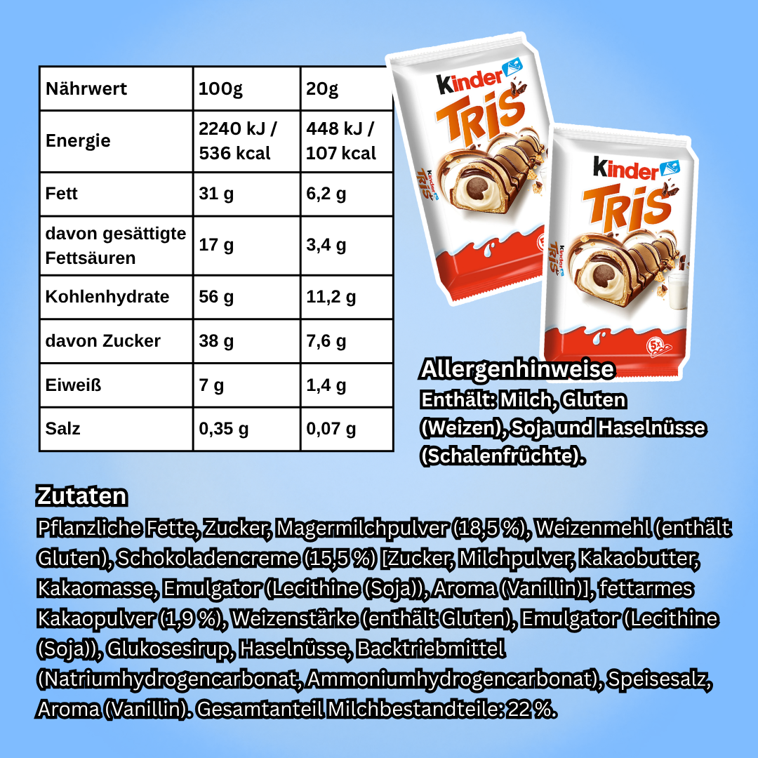 Kinder Tris Schokoriegel 100 g (5 Riegel) – Knuspriger Waffelriegel mit Milch- und Schokoladencreme