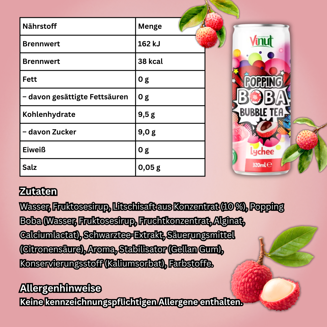 Popping Boba Bubble Tea Drink Lychee – Erfrischender Tee mit Litschi & Fruchtperlen, 320 ml