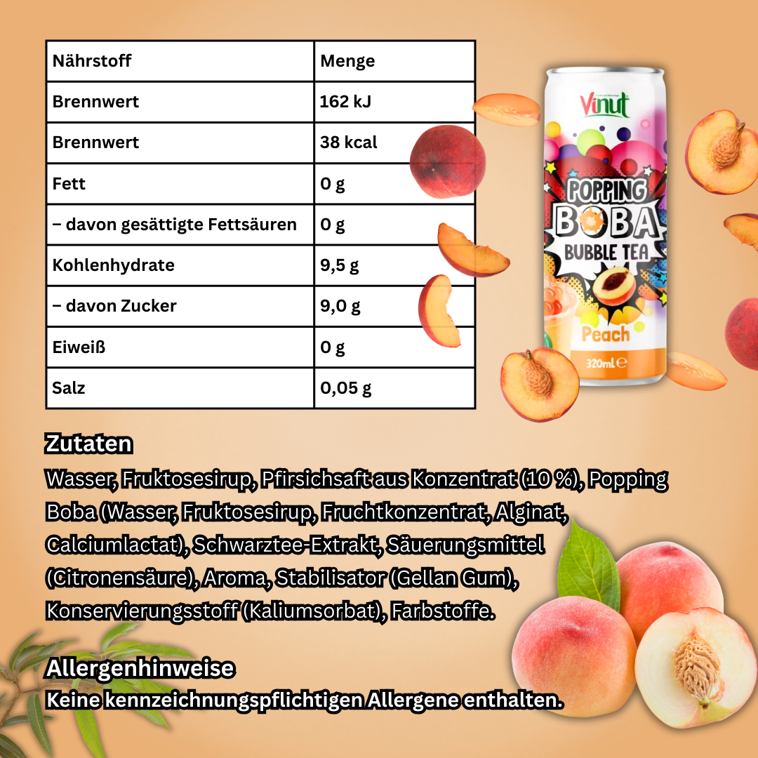 Popping Boba Bubble Tea Drink Peach – Erfrischender Tee mit Pfirsich & Fruchtperlen, 320 ml