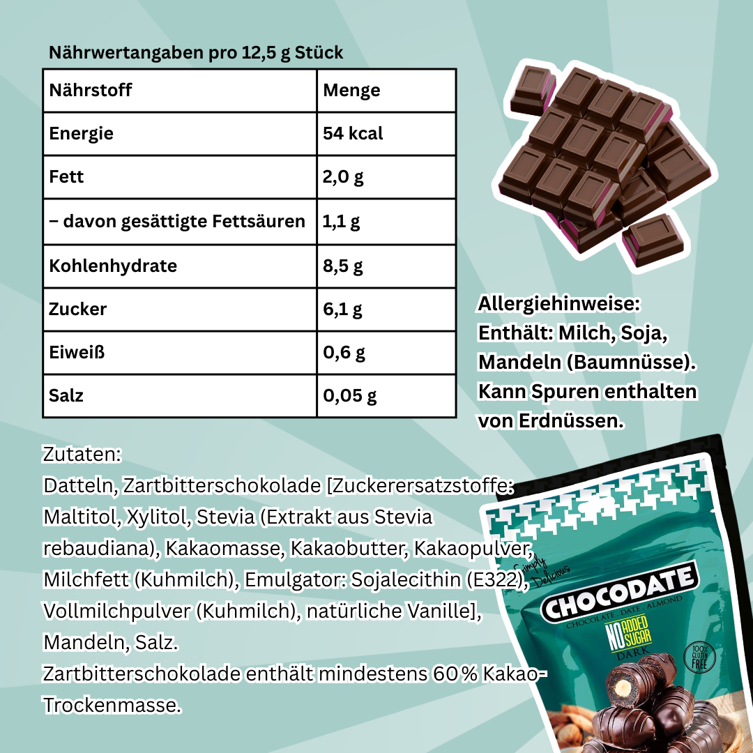 Chocodate Dark Chocolate No Added Sugar – Datteln mit Zartbitterschokolade & Mandeln (90 g)