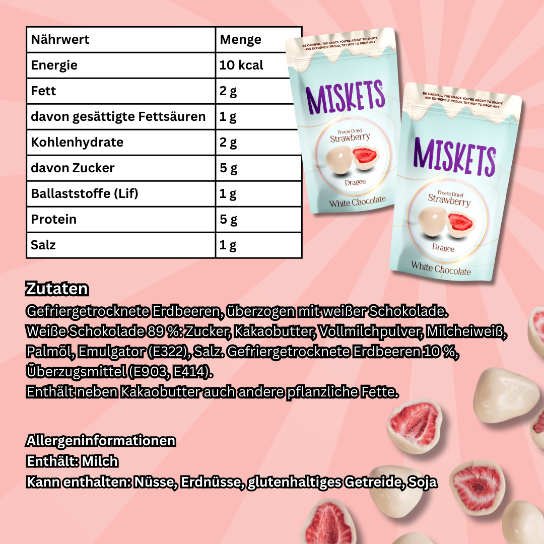 2x Miskets Gefriergetrocknete Erdbeeren in Weißer Schokolade – 2×80g | Knusprige Erdbeer-Snacks