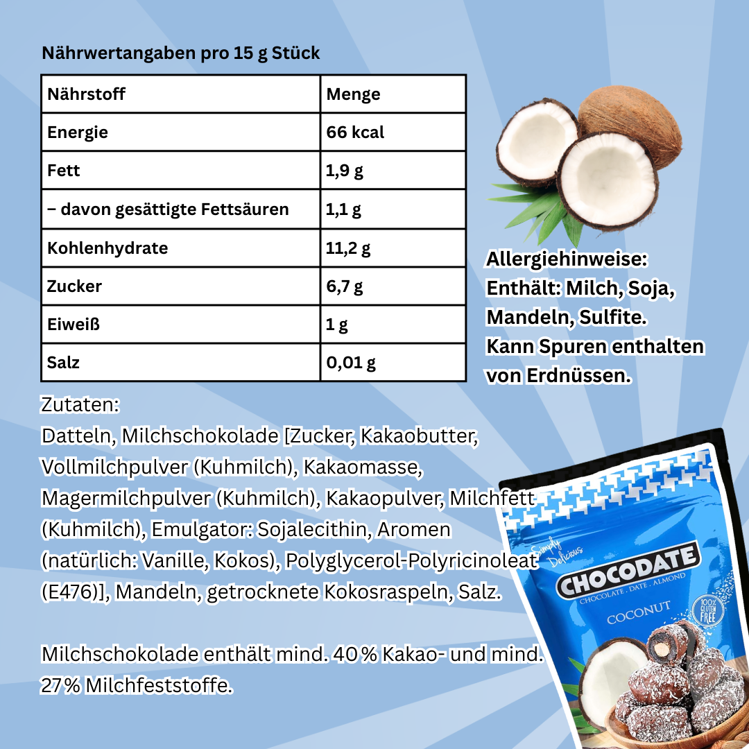 Chocodate Coconut Flavor – Datteln mit Milchschokolade, Mandeln & Kokos (90 g)