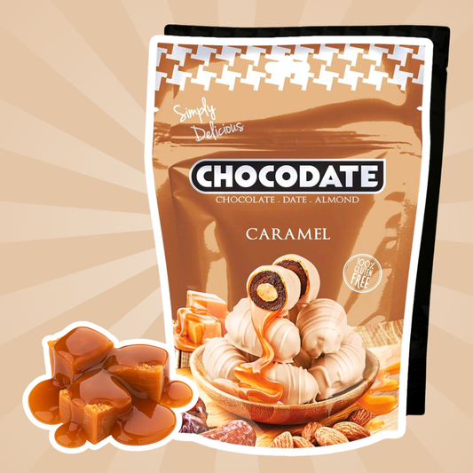 Chocodate Caramel Flavor – Datteln mit Caramel, Milch- & Weißschokolade & Mandeln (90 g)