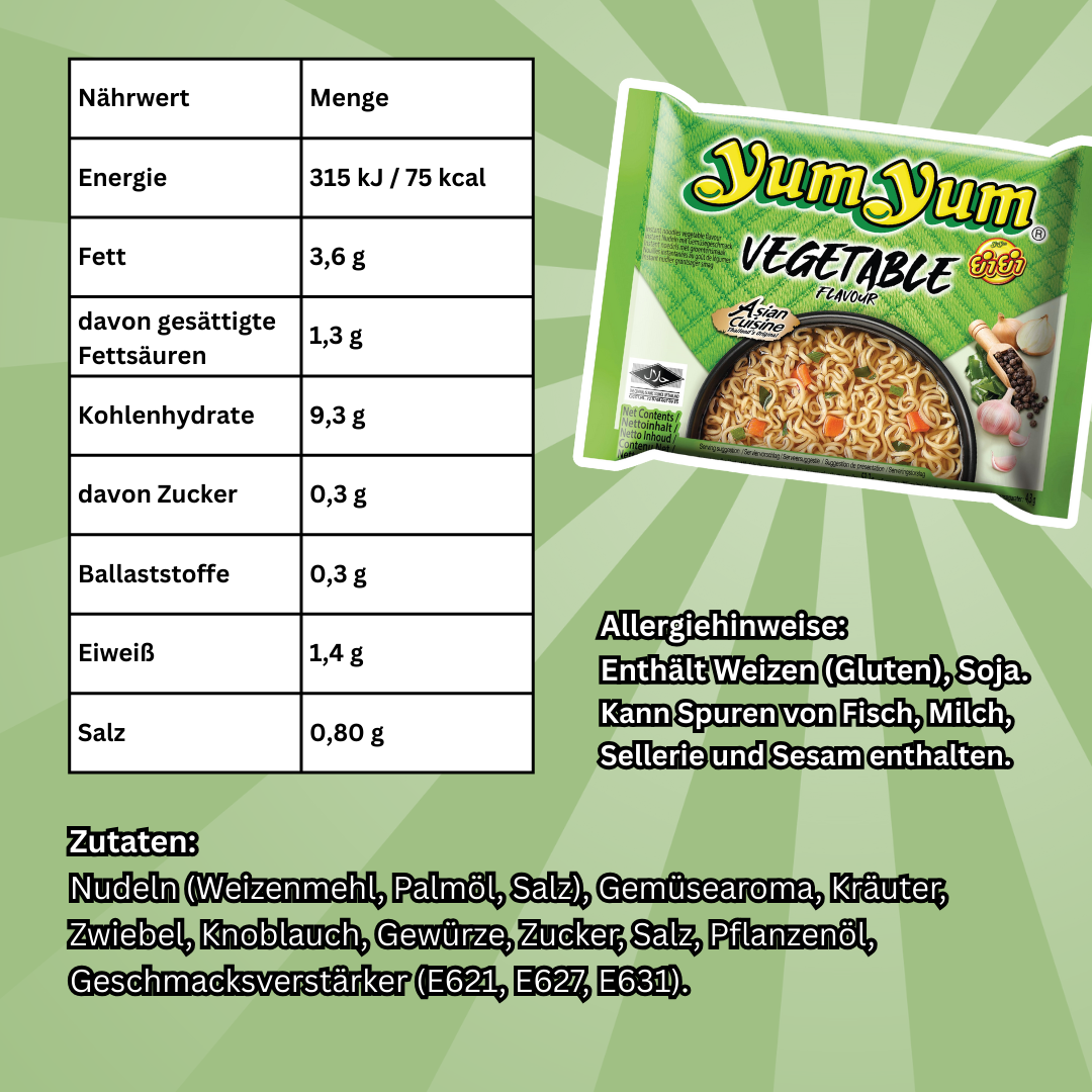 Yum Yum Instant Nudeln Mix – 30er Vorteilspack (5x Gemüse, 5x Ente, 5x Rind, 5x Huhn, 5x Garnele, 5x Curry), je 60 g