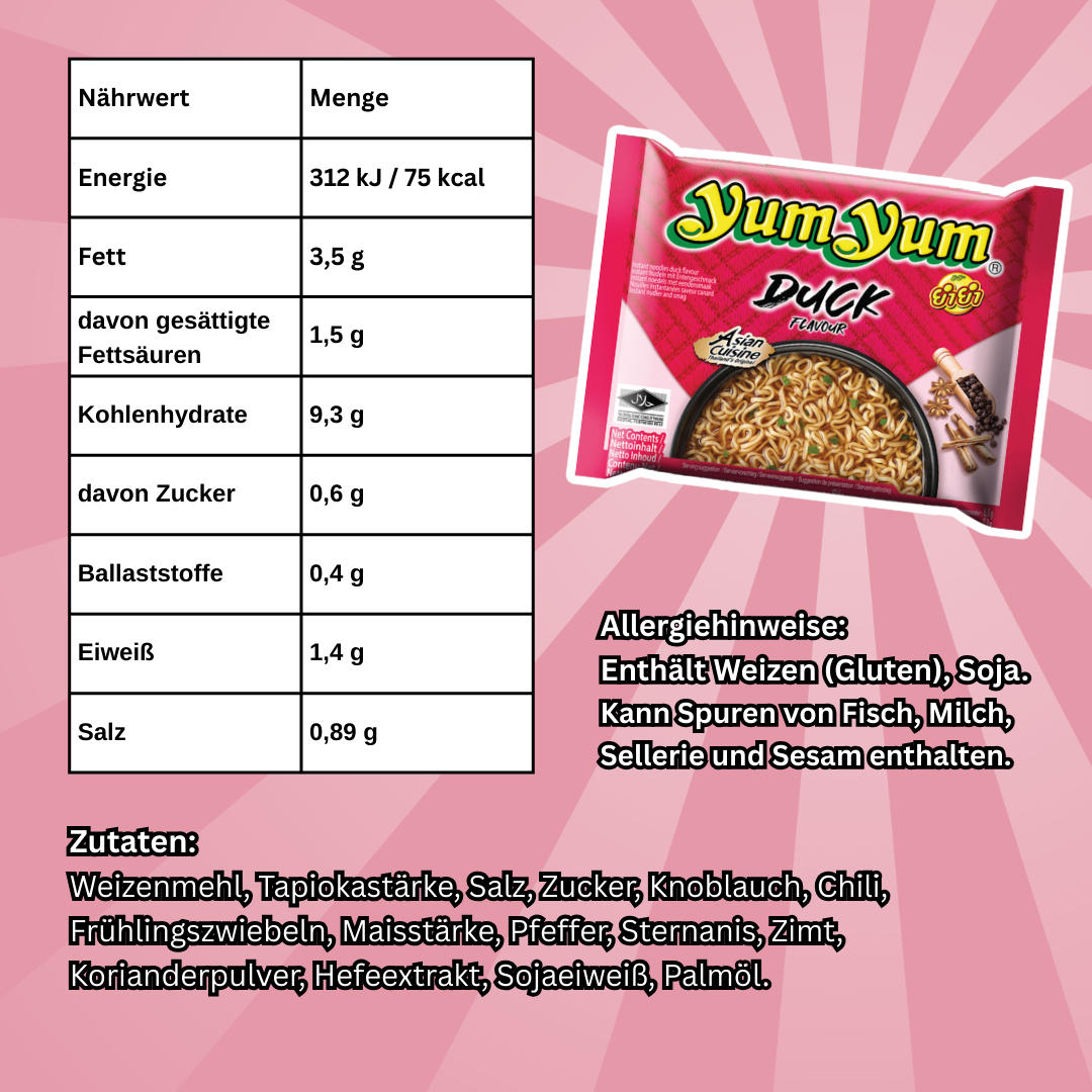 Yum Yum Instant Nudeln Mix – 30er Vorteilspack (5x Gemüse, 5x Ente, 5x Rind, 5x Huhn, 5x Garnele, 5x Curry), je 60 g