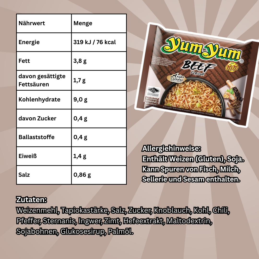 Yum Yum Instant Nudeln Mix – 30er Vorteilspack (5x Gemüse, 5x Ente, 5x Rind, 5x Huhn, 5x Garnele, 5x Curry), je 60 g