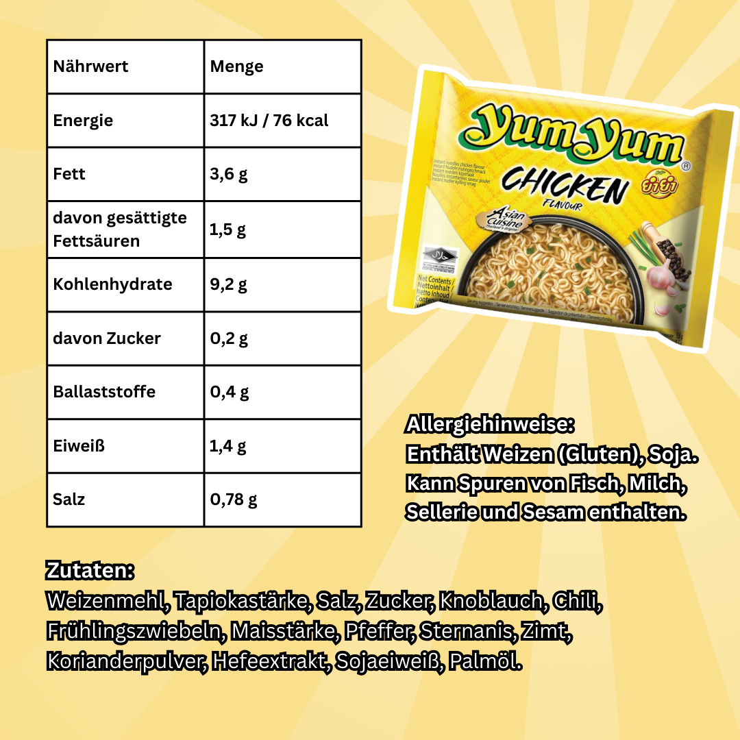 Yum Yum Instant Nudeln Mix – 30er Vorteilspack (5x Gemüse, 5x Ente, 5x Rind, 5x Huhn, 5x Garnele, 5x Curry), je 60 g