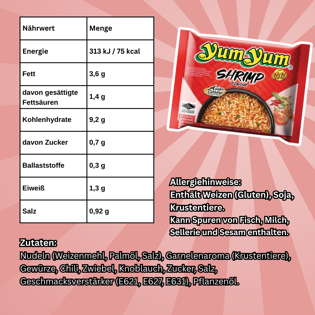 Yum Yum Instant Nudeln Mix – 30er Vorteilspack (5x Gemüse, 5x Ente, 5x Rind, 5x Huhn, 5x Garnele, 5x Curry), je 60 g