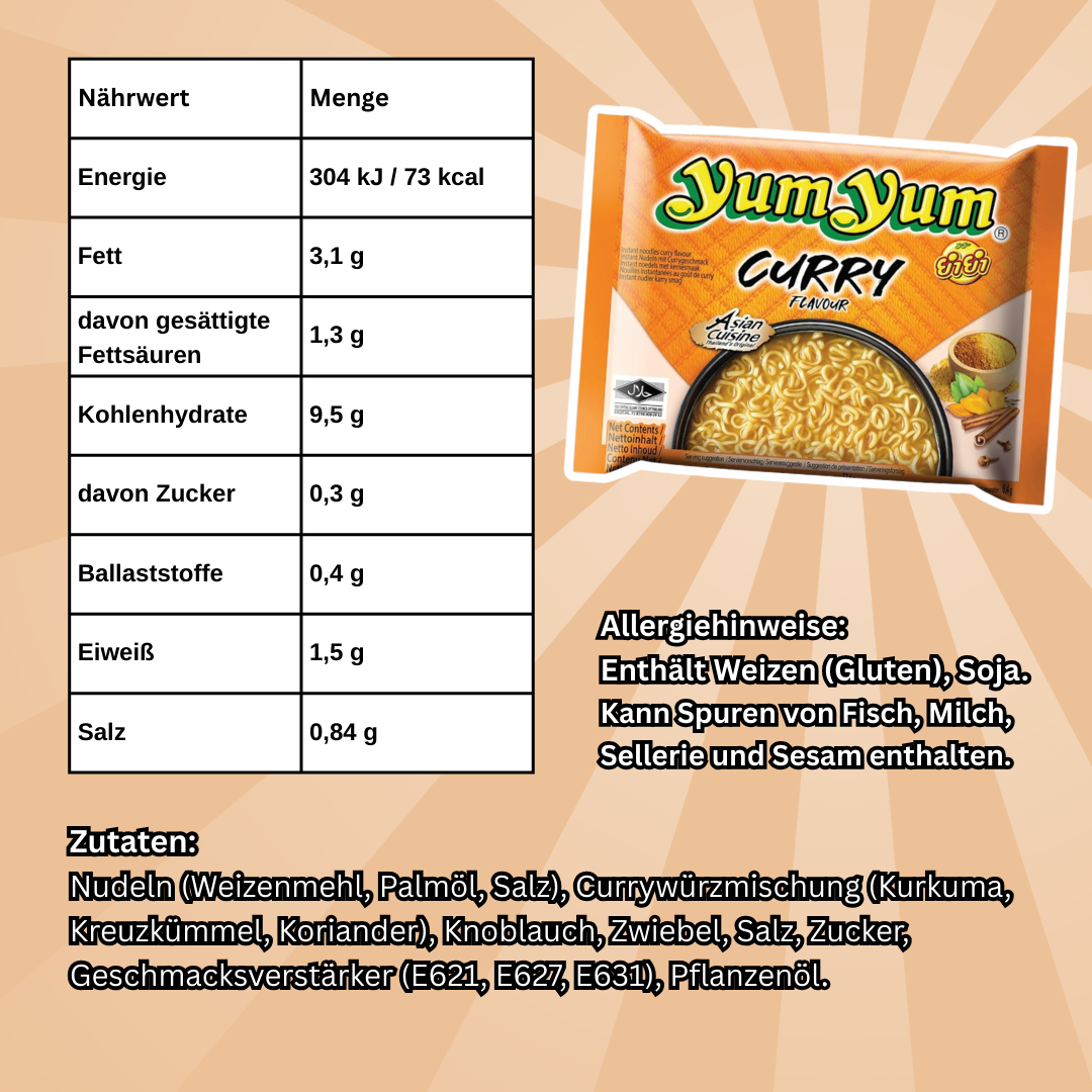 Yum Yum Instant Nudeln Mix – 30er Vorteilspack (5x Gemüse, 5x Ente, 5x Rind, 5x Huhn, 5x Garnele, 5x Curry), je 60 g