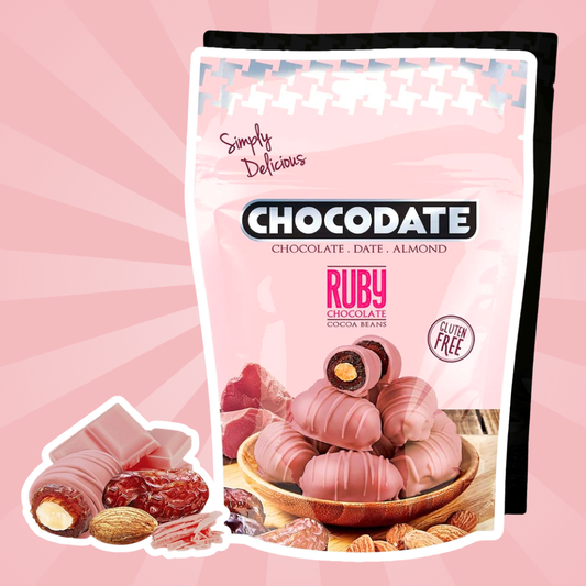 Chocodate Ruby – Datteln mit Ruby-Schokolade & Mandeln (90 g)