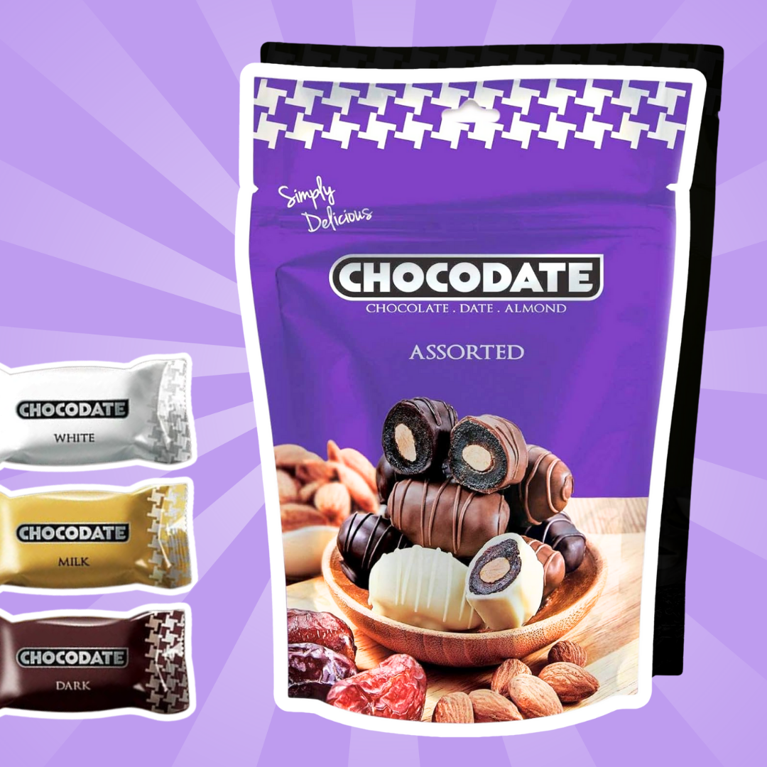 Chocodate Assorted – Datteln mit Milch-, Dunkel- & Weißschokolade & Mandeln (90 g)