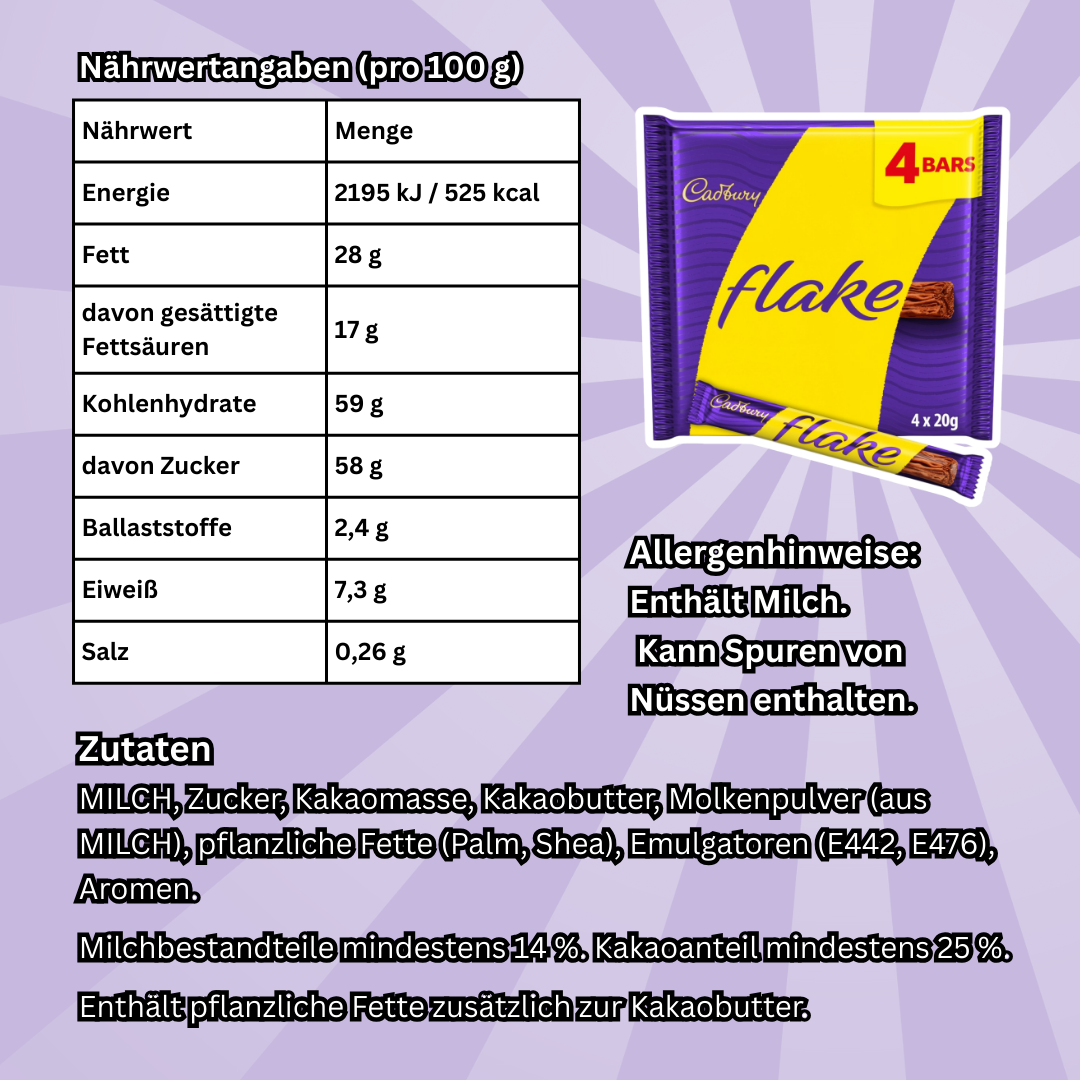 Cadbury Flake Chocolate Bar 4 Pack – Zarte Milchschokolade, Klassischer Schokoladenriegel, 80 g (4 x 20 g)